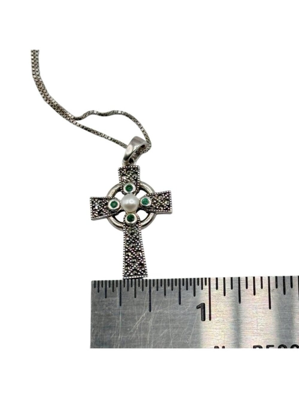 Emerald Sterling Cross Pendant Necklace Marcasites Pearl Center 925 Box Chain - Picture 12 of 14